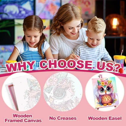 4 Pack Paint by Numbers Kit for Kids with Frame - Wooden Easel, Animal Paint by Numbers for Kids Ages 4 8 12, Easy Owl Cat Sloth Zebra Acrylic Oil Painting Kits for Home Wall Decoration 8x8 inch