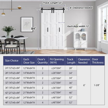 FREDBECK 48in X 84in (for 4 Doors 12x84) White Bi fold Barn Door Bifold Doors with 52" Hardware Track Kit Included,Solid MDF with Water-Proof PVC Surface for Closet,Assembly Required