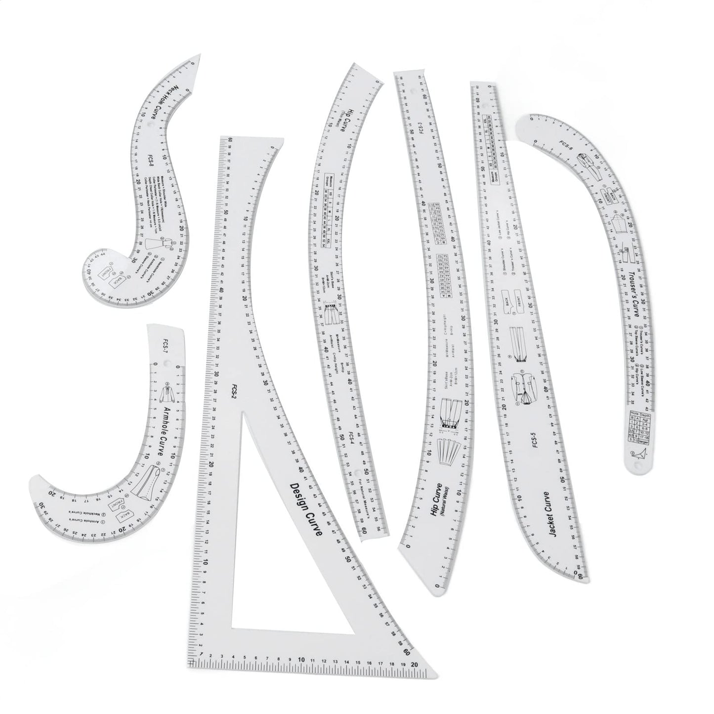 French Curve Ruler Set 7Pcs Acrylic Clear Sewing Ruler Tailor Kit for Dress Making