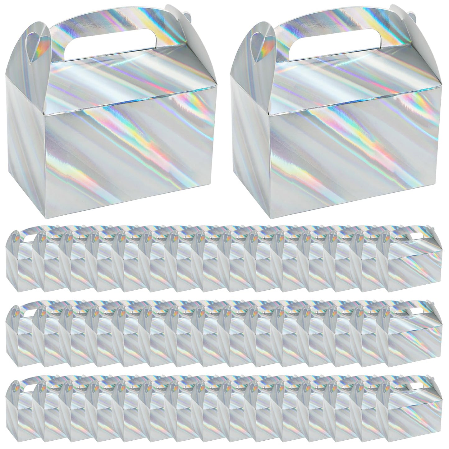 ZAVOOS 50 Pack Party Favor Boxes, 6.3 x 3.7 x 3.7 Inch Iridescent Candy Gable Boxes with Handle, Paper Goodie Gift Box Snack Cookies Containers bulk for Christmas, Wedding, Birthday