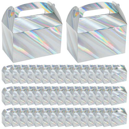 ZAVOOS 50 Pack Party Favor Boxes, 6.3 x 3.7 x 3.7 Inch Iridescent Candy Gable Boxes with Handle, Paper Goodie Gift Box Snack Cookies Containers bulk for Christmas, Wedding, Birthday