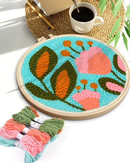 TINDTOP Punch Needle Kits, Tulip Punch Embroidery Kits for Adults Beginner, Tool with Punch Needle Fabric, Hoops, Yarns and Sewing Needles
