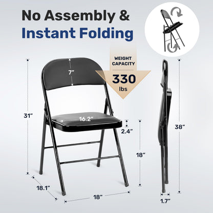 Simple Deluxe Dining Chairs Set of 4, Leather Cushion Foldable Contemporary Kitchen Side Chair with Padded Back & Sturdy Metal Legs, Upholstered Seat for Home/Living Room/Bedroom/Cafe, Black