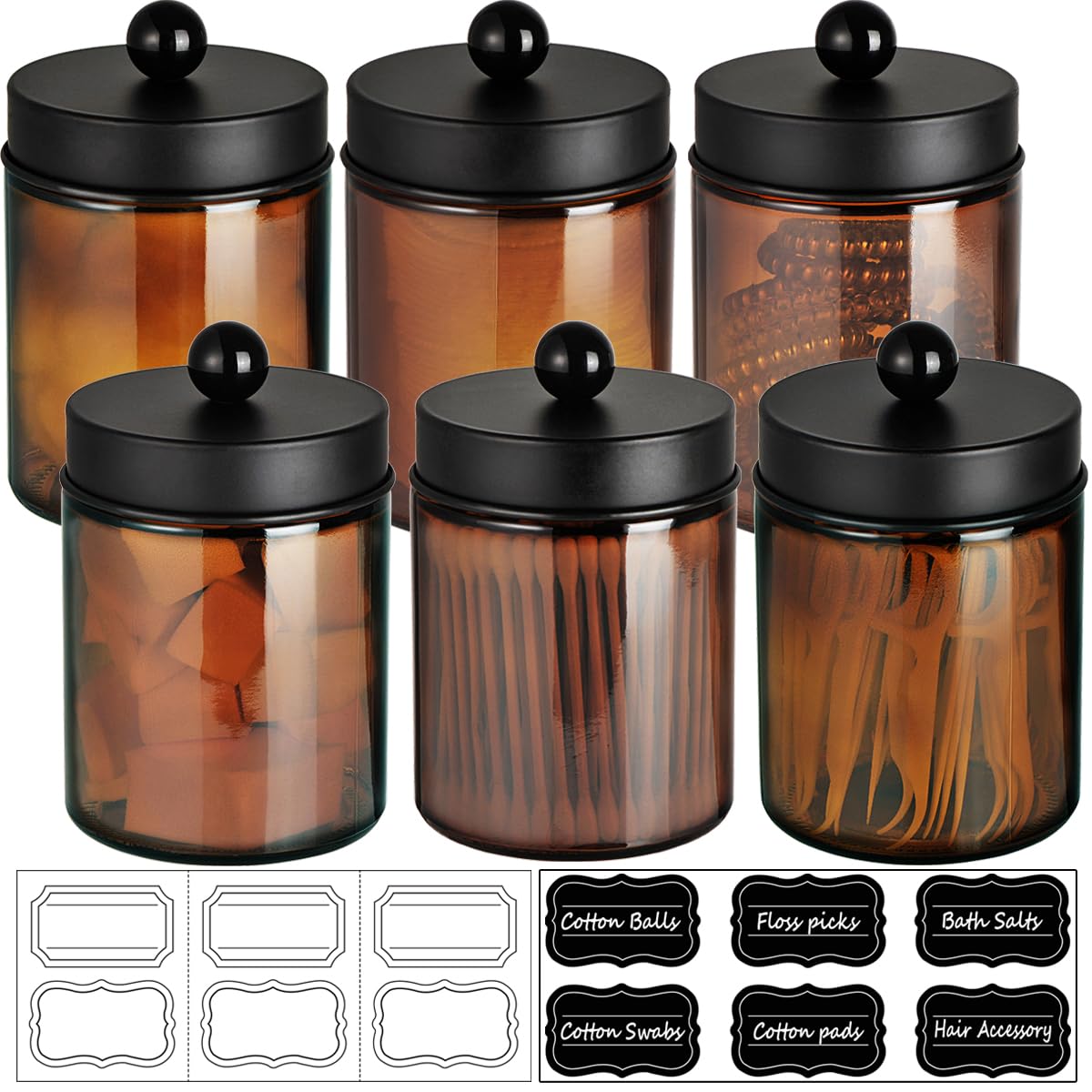 Amolliar Amber Glass Qtip Holder, Apothecary Jars with Matte Black Metal Lid & Stickers-Bathroom Qtip Dispenser Storage Organizer Set,Vanity Counter Canister for Cotton Swabs,Round Pads,Floss (6 Pack)