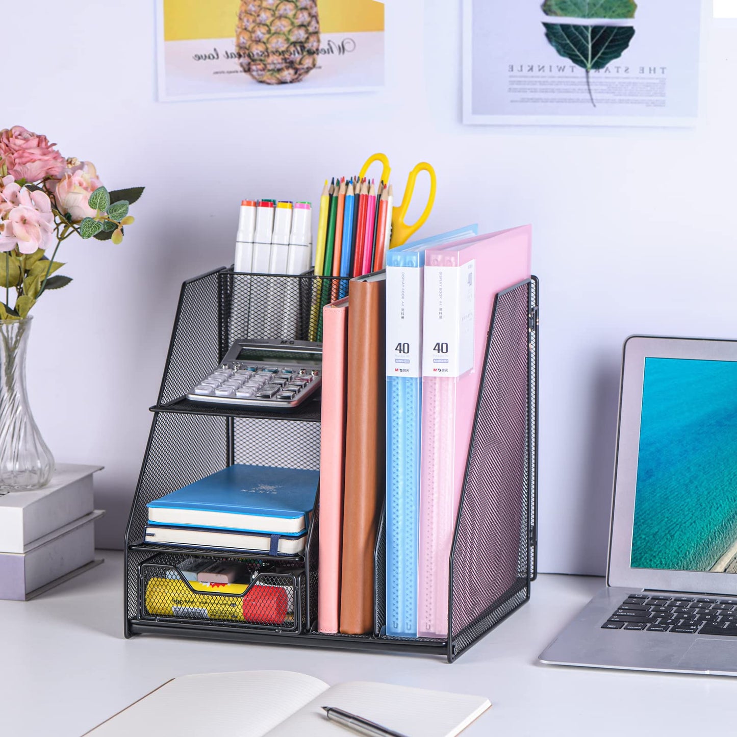 Desk Organizer, File Organizer for Desk with 2-Tier Paper Letter Tray, Drawer and 2 Pen Holder, Mesh Desktop Organization with Magazine Holder for Office Supplies