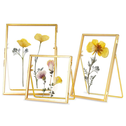 REDHUGO Glass Frame for Pressed Flowers Handmade, Double Glass Floating Picture Frame Set, Brass Photo Frame, Standing Frame Set, Small Picture Frame, Gifts for Family, 4×4", 4×6", 5×7", Gold