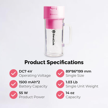 Personal Portable Blender For Shakes & Smoothies, Leakproof & Stylish Portable Mason Jar Shaker, Rechargeable Mini Blender with 10-Blade Blending System 14oz, Pink