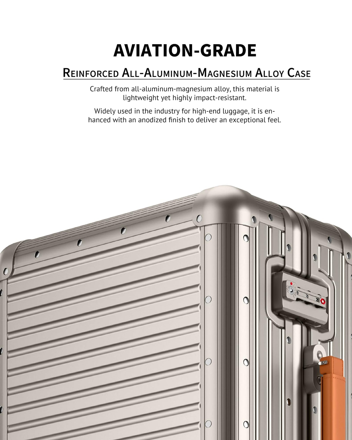 Varyleap All Aluminum Checked in Luggage, Zipperless Aluminum Suitcase, Hard Shell Carry On Luggage with TSA Lock, Spare Wheels for Travel. (Titanium Gold, 24in)