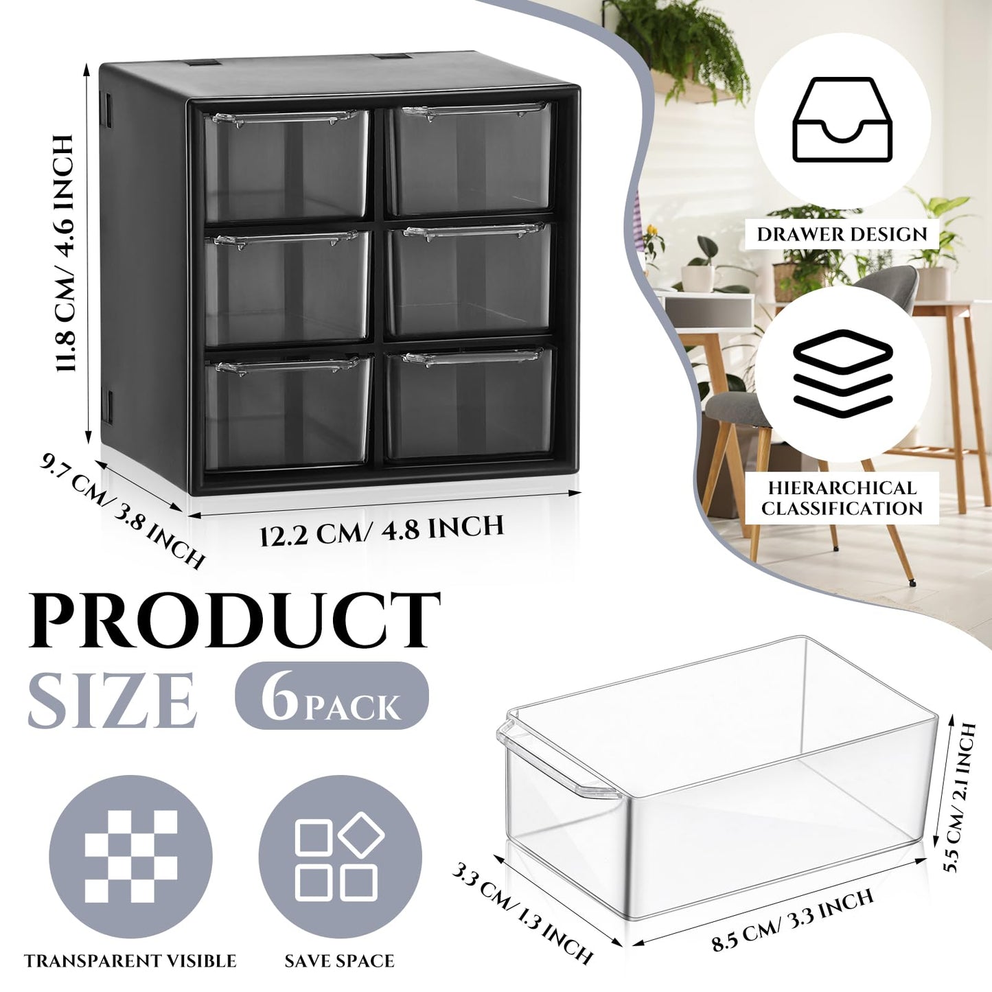 Patelai 6 Pcs Mini Desktop Drawer Box Drawers 6 Grid Plastic Desk Organizer Office Supplies and Jewelry Storage Box for Jewelry Cosmetics Hair Clip Sundries, Black