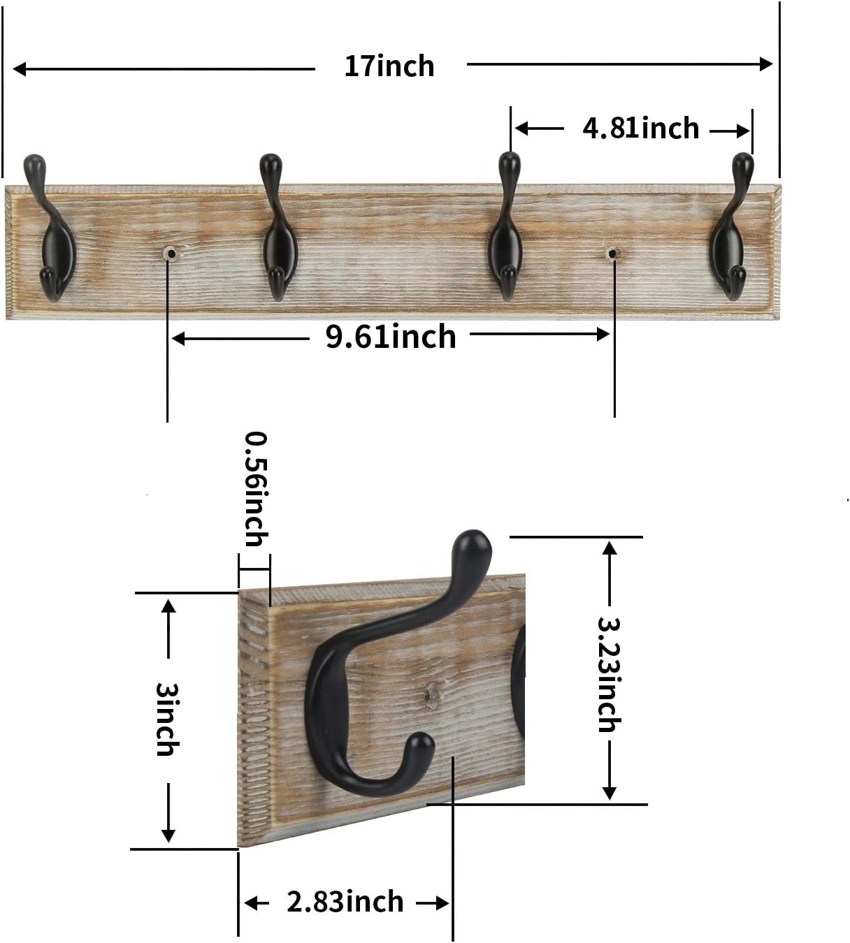 Coat Rack Wall Mounted, Entryway Coat Rack with 4 Rustic Hooks, 17” Vintage Pinewood Hanger for Keys