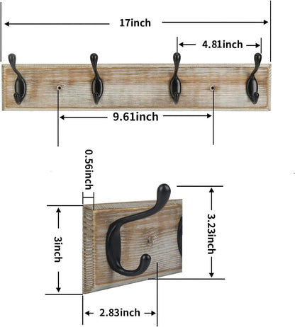 Coat Rack Wall Mounted, Entryway Coat Rack with 4 Rustic Hooks, 17” Vintage Pinewood Hanger for Keys