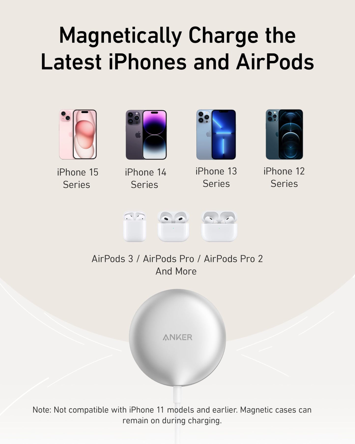 Anker MagSafe Charger Pad, MagGo iPhone 16 Wireless Charging Pad, Qi2 Certified 15W Wireless Charger, Compatible with iPhone 16/16 Plus/16 Pro/16 Pro Max/15/14/13/12 Series (USB-C Adapter Included)