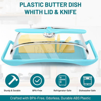 Butter Dish with Lid and Knife, Plastic Butter Keeper for Countertop, BPA-Free, Easy Scoop, Dishwasher Safe, Blue