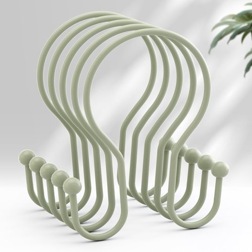 AmazerBath Shower Curtain Hooks Sage Green Shower Curtain Rings, Simple Double Hook Shower Curtain Hooks Rust Proof, Smooth Sturdy Metal Shower Hooks for Shower Curtain Rod, 12 Pcs Shower Rod Hooks