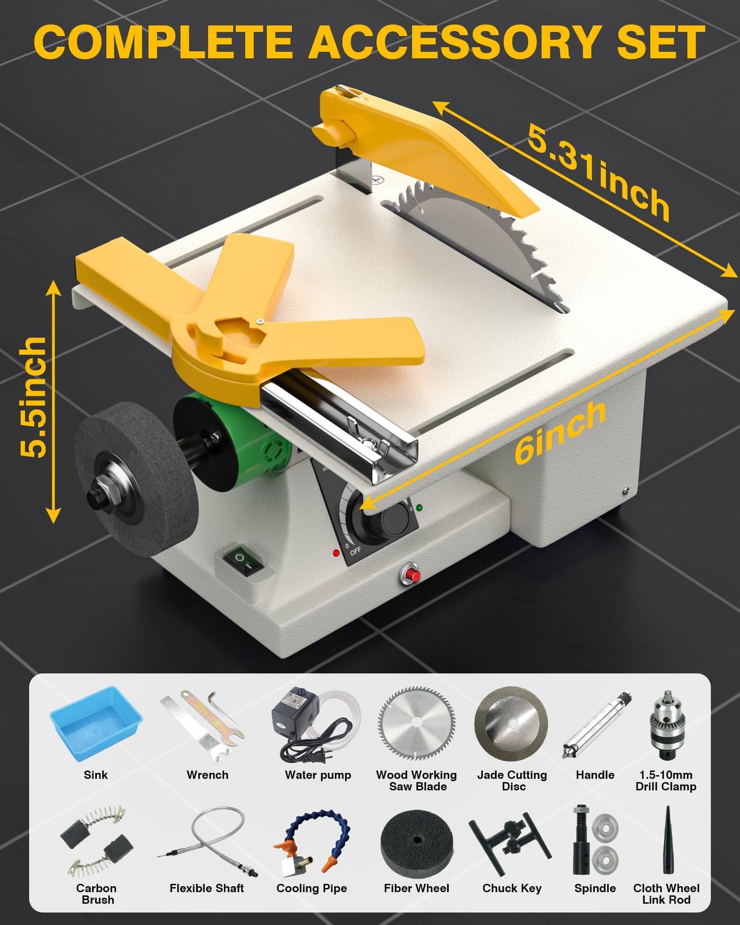 PYY Lapidary Saw - Jewelry Rock Saw w/Upgraded Diamond Blades & Woodworking Blade, 0-10000 RPM for Cutting Rocks & Polishing, DIY Art Project Lapidary Equipment, Yellow