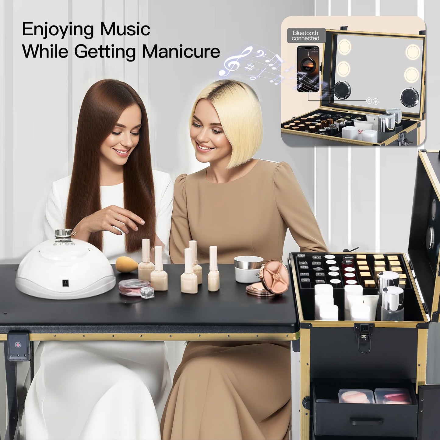 Portable Nail Desk for Nail Tech, Foldable Manicure Table with 3 Drawers & Mirror, Rolling Nail Table with Lockable Train Case, Nail Polish Organizer, Mobile Nail Tech Workstation with Wheels, Golden