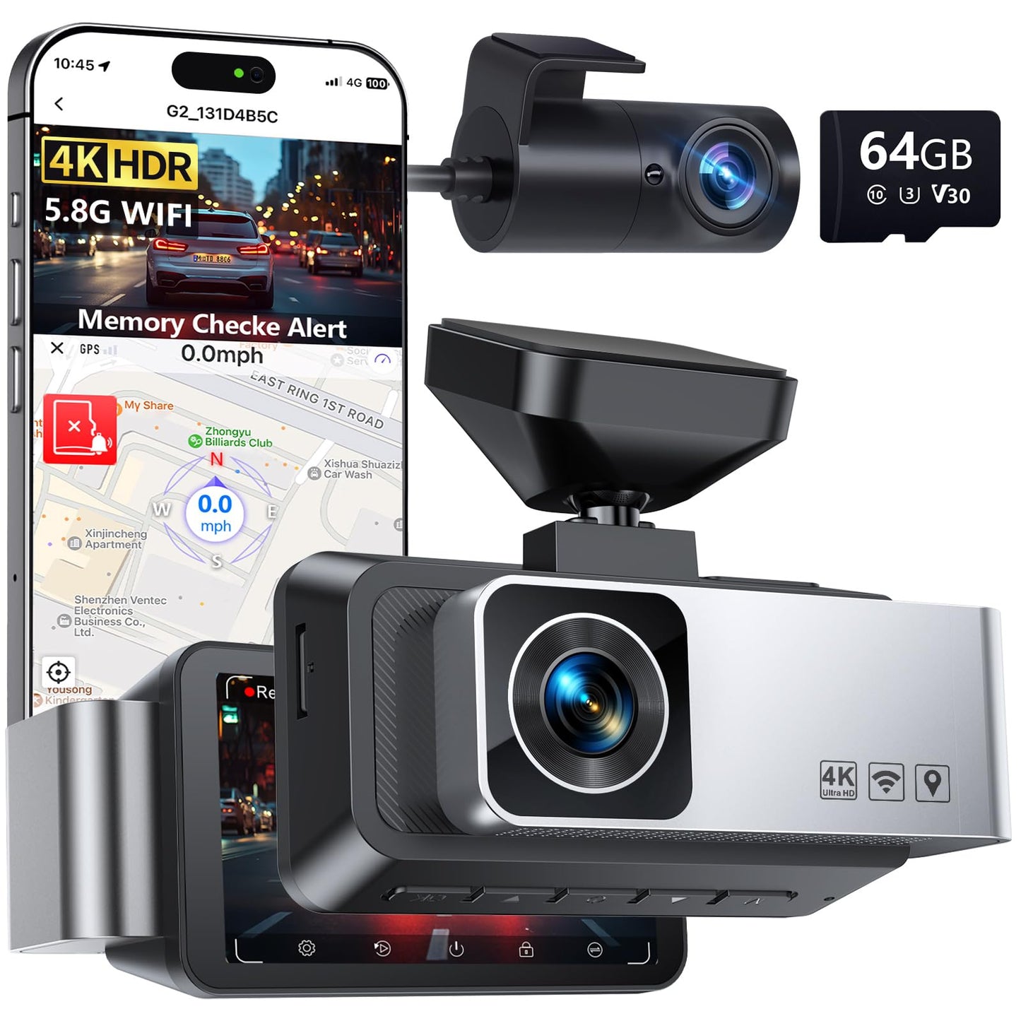 Gleetour Dash Cam Front and Rear, 4K Full HD Dual Dash Camera for Cars, Built-in Memory Card Monitoring, 64GB Card, 5G WiFi GPS, Car Camera with 3" IPS Screen, 2160P Night Vision, Parking Monitor