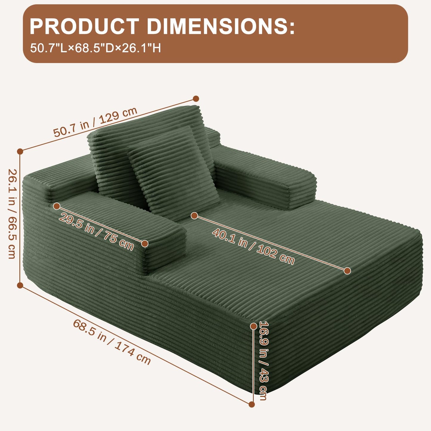 Meqiodas 67.5 Inch Oversized Indoor Chaise Lounge, Sofa Bed, Living Room Sofa, Corduroy Sofa, Couches for Living Room, Deep Seat Sleeper Couch Reading Chairs (Green)