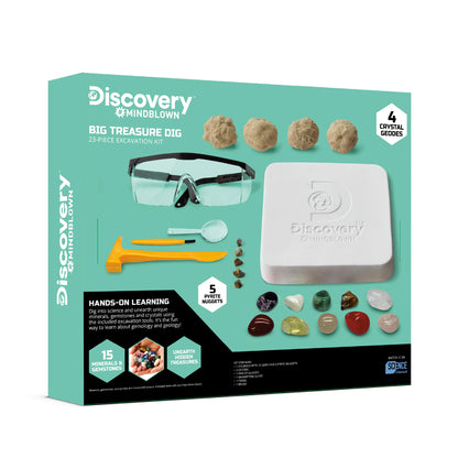 Discovery™ Big Treasure Dig STEM Kit – 23-Piece Excavation Set for Kids| Dig for 15 Gemstones, 4 Crystal Geodes & Pyrite Nuggets| Real Tools| Educational Geology Toy| Science Activity Gift| Ages 8+