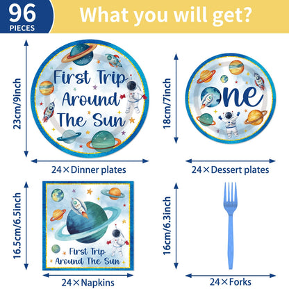 First Trip Around The Sun Decorations - 96PCS First Tirp Around The Sun Plates and Napkins Party Supplies Outer Space 1st Birthday Decorations Boy Disposable Paper Tableware Set Serves 24 Guests