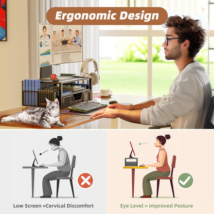 Simple Trending Desk Organizer and Accessories, 2 Tier Computer Metal Monitor Stand Riser with Drawer and Pen Holder for Laptop, Computer, iMac, Black