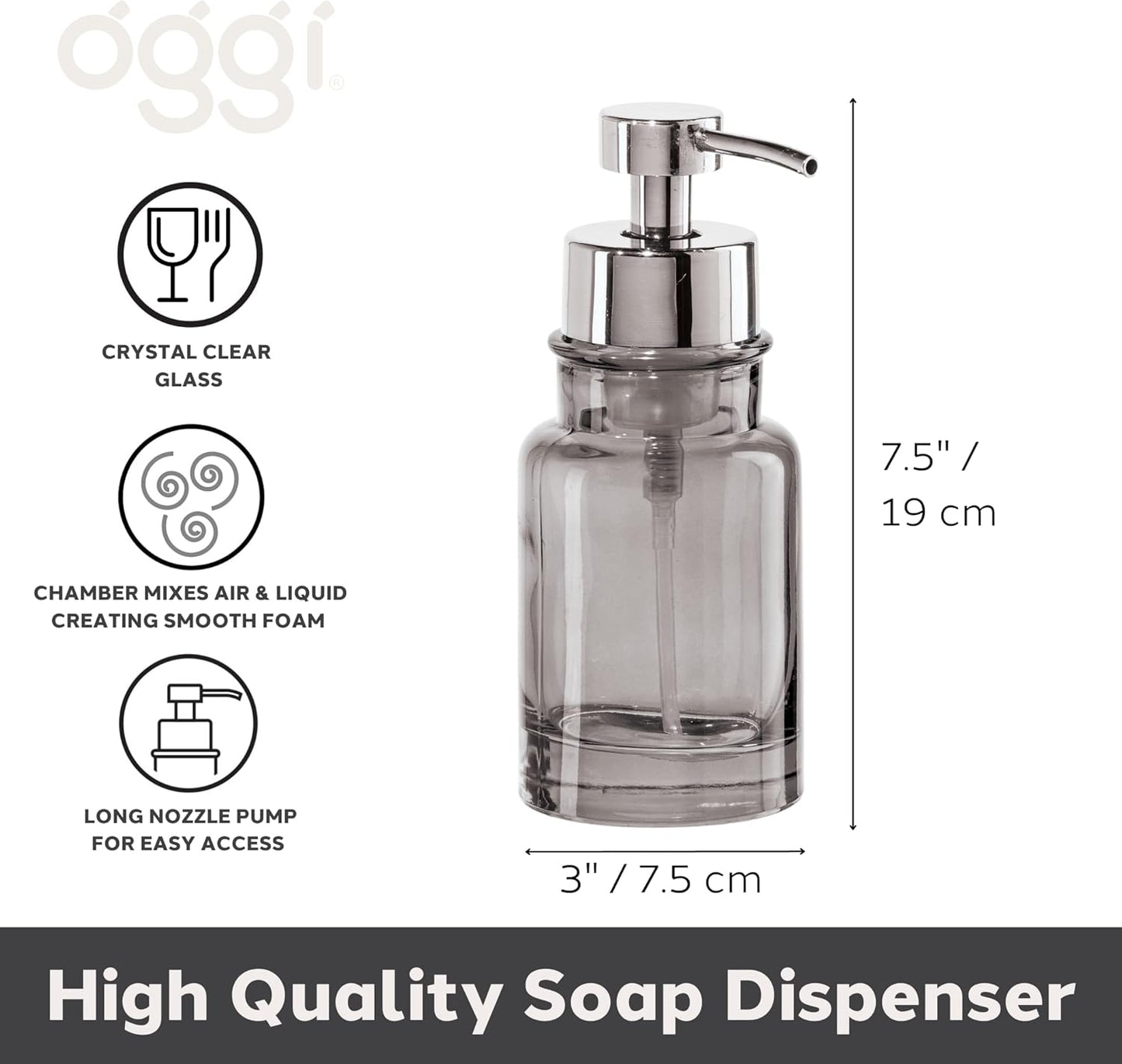 OGGI Glass Foaming Soap Dispenser, 10oz Capacity, Stylish Refillable for Bathroom and Kitchen in Gray/Chrome
