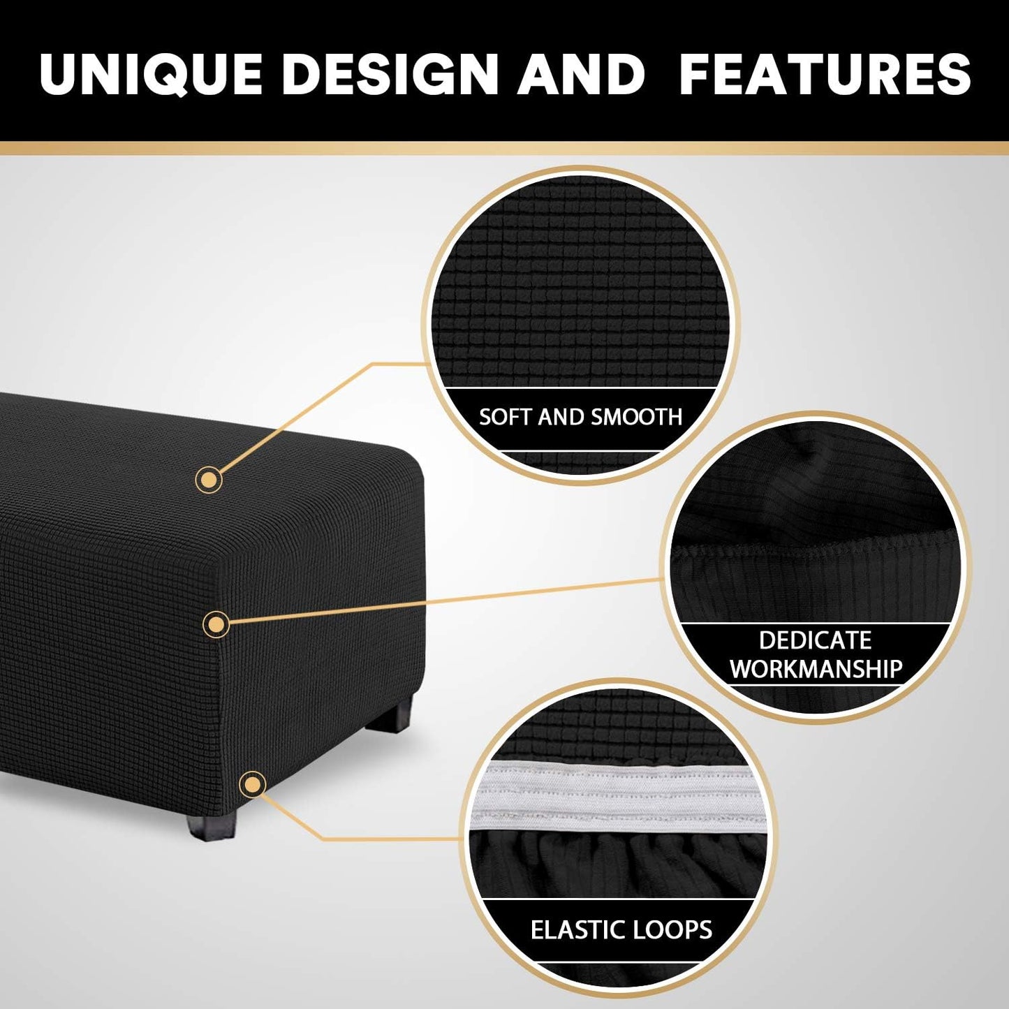 PrinceDeco Stretch Ottoman Cover Slipcovers, Rectangle for Living Room Foot Stool, Thick Checked Jacquard Fabric