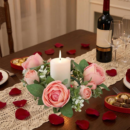Artificial Rose Candle Rings Wreath Mini Floral Wreaths Pillar Candle Holder with Blooming Flowers and Green Leaves for Wedding Party Home Table Centerpieces Decor (Pink)