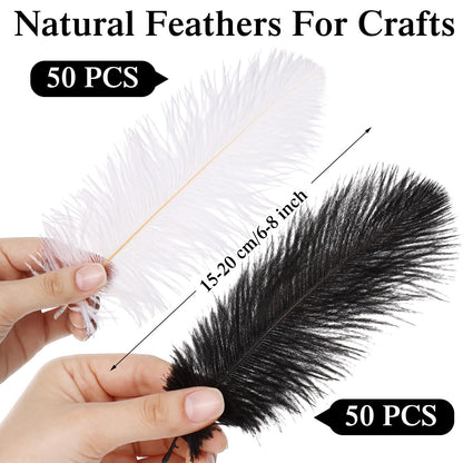 Crowye 100 Pcs Ostrich Feathers Bulk for Centerpieces Craft Ostrich Feathers for Masquerade Vase Wedding Party Home Costume Decorations (6-8 Inch,Black,White)