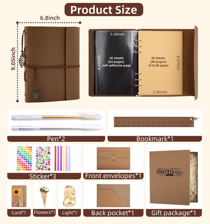 ALKALO Scrapbook Photo Album 100 Pages, 60 Page Self Adhesive+40 Page Kraft Paper DIY Photo Book for 2x3 3x5 4x6 5x7 Pictures, Leather Memory Book for Wedding Baby Family Travel Birthday Christmas