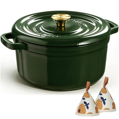 Overmont Enameled Cast Iron Dutch Oven - 5QT Pot with Lid Cookbook & Cotton Potholders - Heavy-Duty Cookware for Braising, Stews, Roasting, Sourdough Baking moss