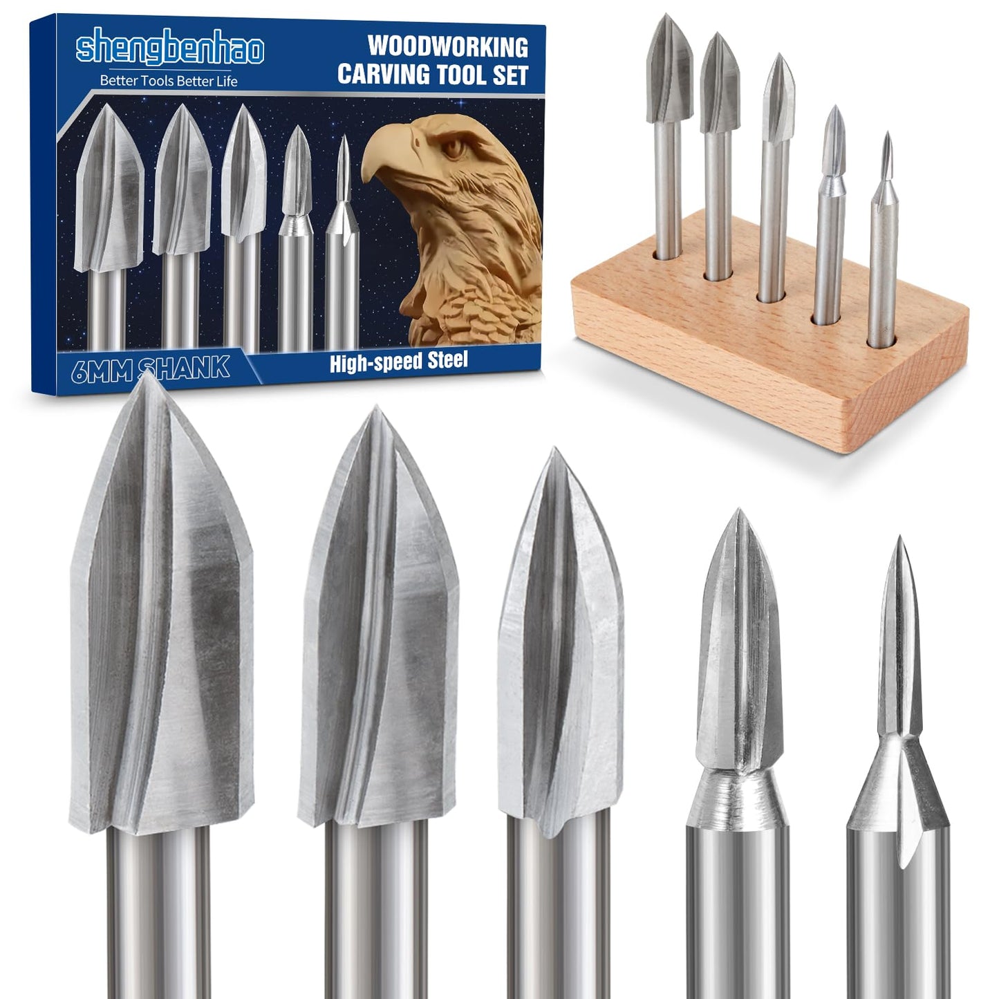 1/4” Shank Wood Carving Drill Bits Set with Wooden Base 5Pcs Woodworking Engraving Drill Bits Rotary Tool Accessories for DIY Crafts Carving Engraving Grinding Drilling Micro Sculpture