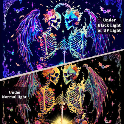 Heopapin Blacklight Trippy Skull Tapestry UV Reactive Gothic Skeleton Wall Hanging Tapestries Fantasy Neon Wing Glow in the Dark Party Poster Magical Galaxy Space Tapestry for Bedroom