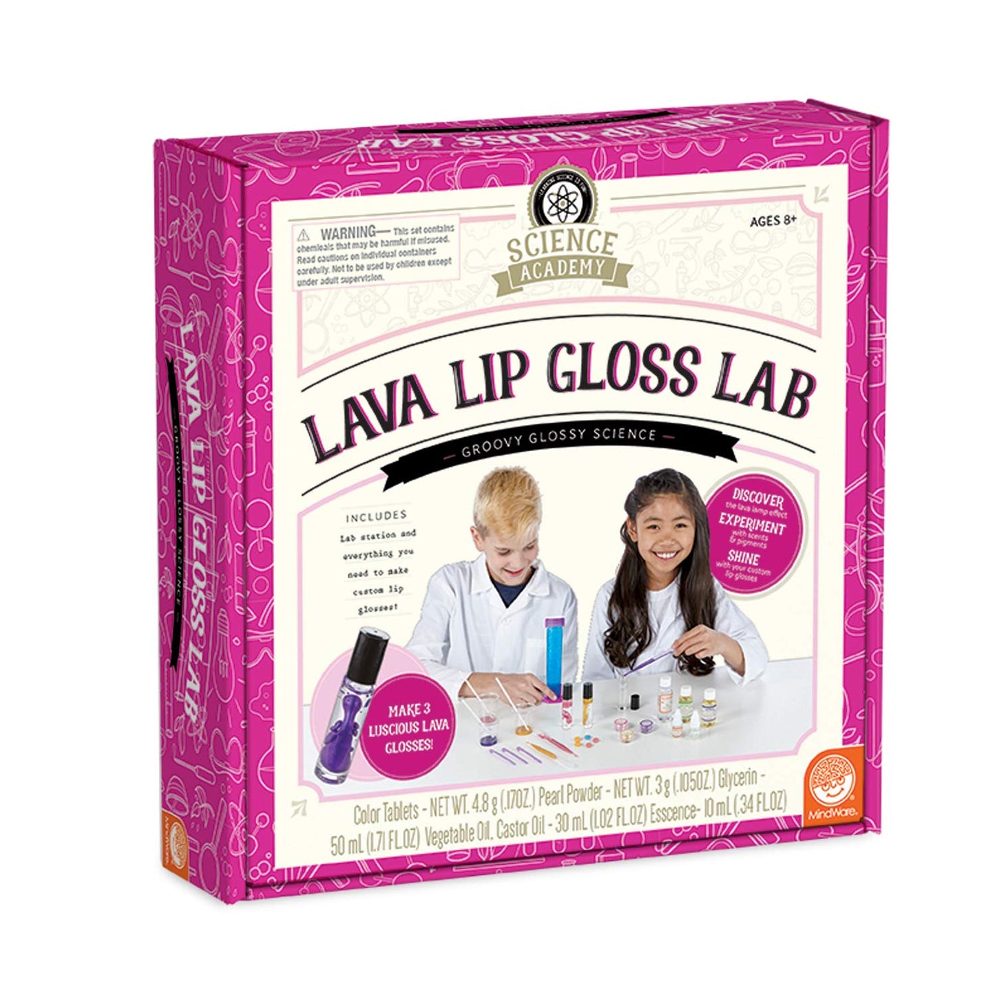 MindWare Science Academy Lava Lip Gloss Lab - 33 Piece Lip Gloss Making Kit - Make 3 DIY Lip Glosses