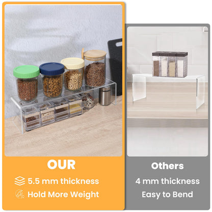 Meyeyaia 4 Pack Acrylic Risers Display Stands, Acrylic Shelf Riser Display Risers, Spice Rack for Dishes, Spices, Soda Cans and Bottles（12.4 x 4 x 4.6 inch）