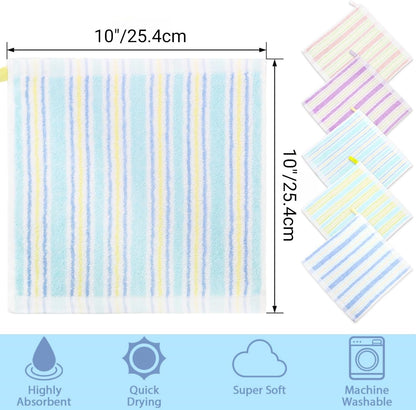 20 Pack 10x10 Inch 5 Pumtus Small Face Wash Cloths, Cotton Soft Hand Towel, Comfortable Striped Fingertip Towel