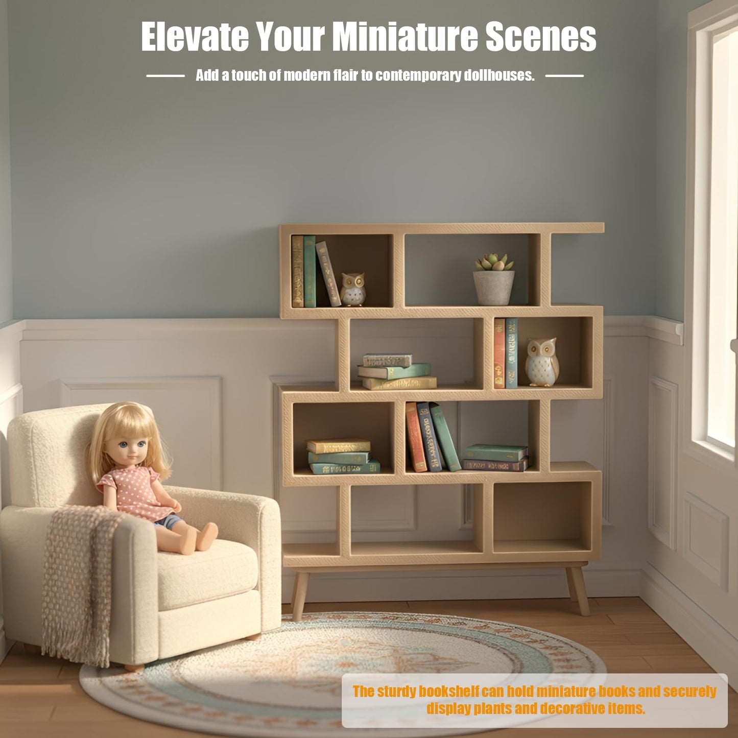 stazuvrt 1:12 Dollhouse Mini Bookshelf | 3D-Printed Modern Geometric Display Shelf, Ideal for Dollhouse Furniture Collectors(Natural Wood Color)