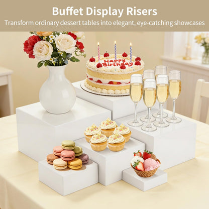 6 Pcs Buffet Display Risers, 3 to 8 Inch White Acrylic Showcase Boxes Set, Versatile Food & Dessert Display Stands with Hollow Bottoms, Ideal for Weddings, Parties, Jewelry & Retail Presentation