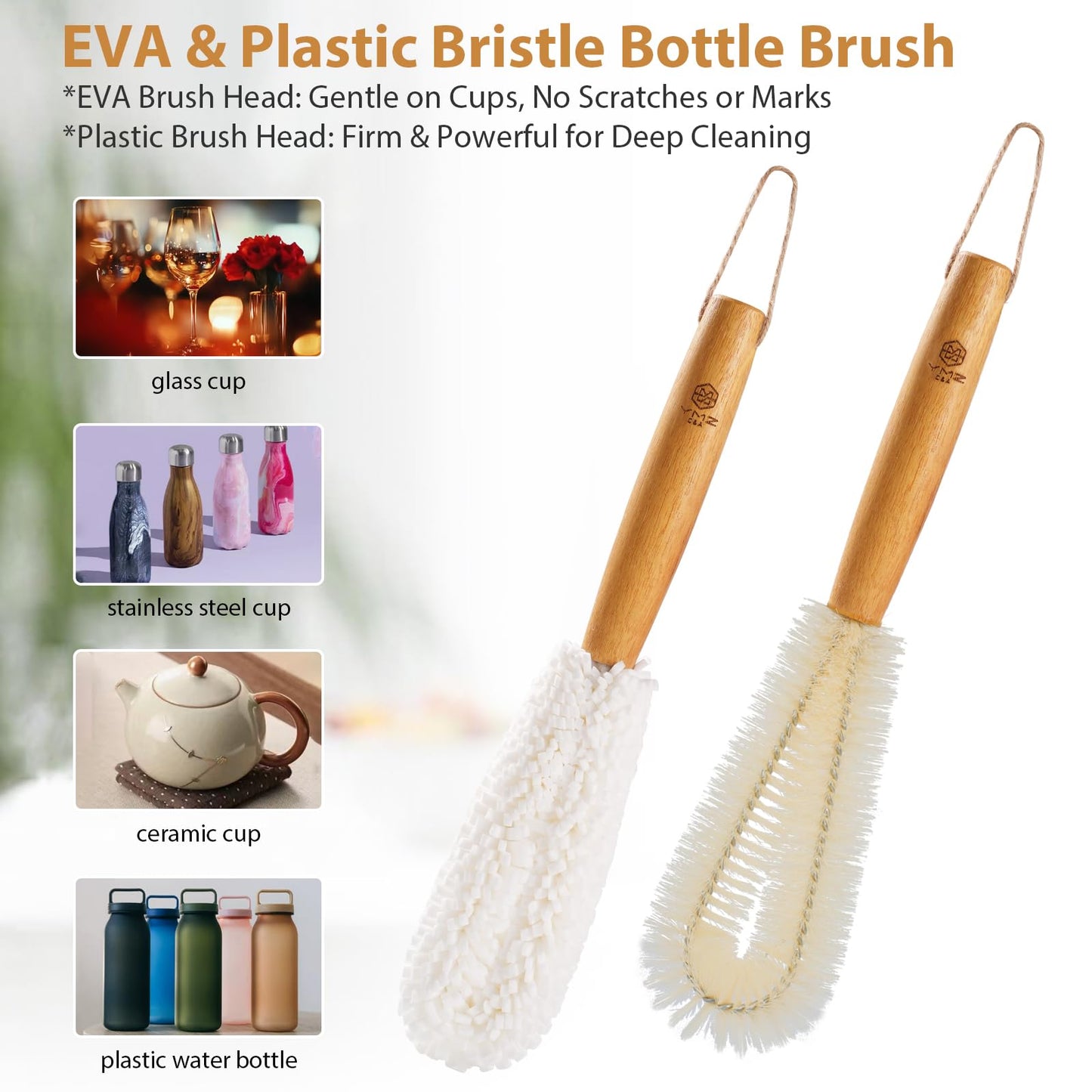 YMZ C&A Bottle Brush Cleaner Set-Teak Wood Handle for Glass Cups, Coffee Cups, Mugs, and Sport Bottles