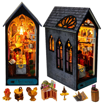 DIY Miniature House Kit, European Style Book Nook Kit, Illusion Mirror Design Miniature Dollhouse Kit, Booknook Bookshelf Desktop Decor Model Build Creativity Gift for Women and Adults