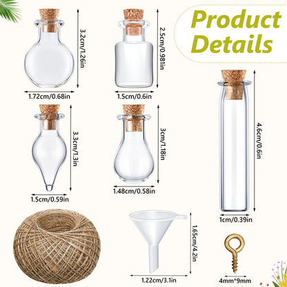 Honeydak 100 Pcs Small Mini Glass Bottles Jars with Cork Stopper Set Potion Bottle Tiny Refillable Wishing Bottles Drifting Bottle with Eye Screw Funnel Rope for DIY Bead Containers, 5 Shapes