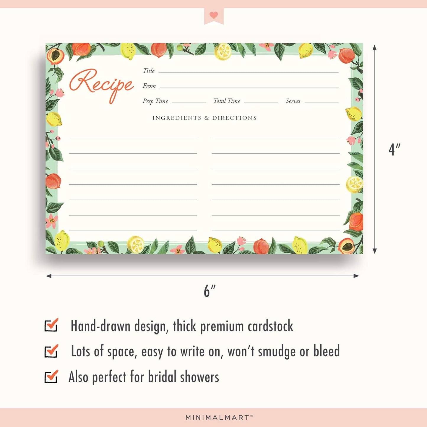 Lemon & Peach Recipe Cards - 4" x 6" Thick Premium Card Stock, Set of 50 for Recipe Box or Binder