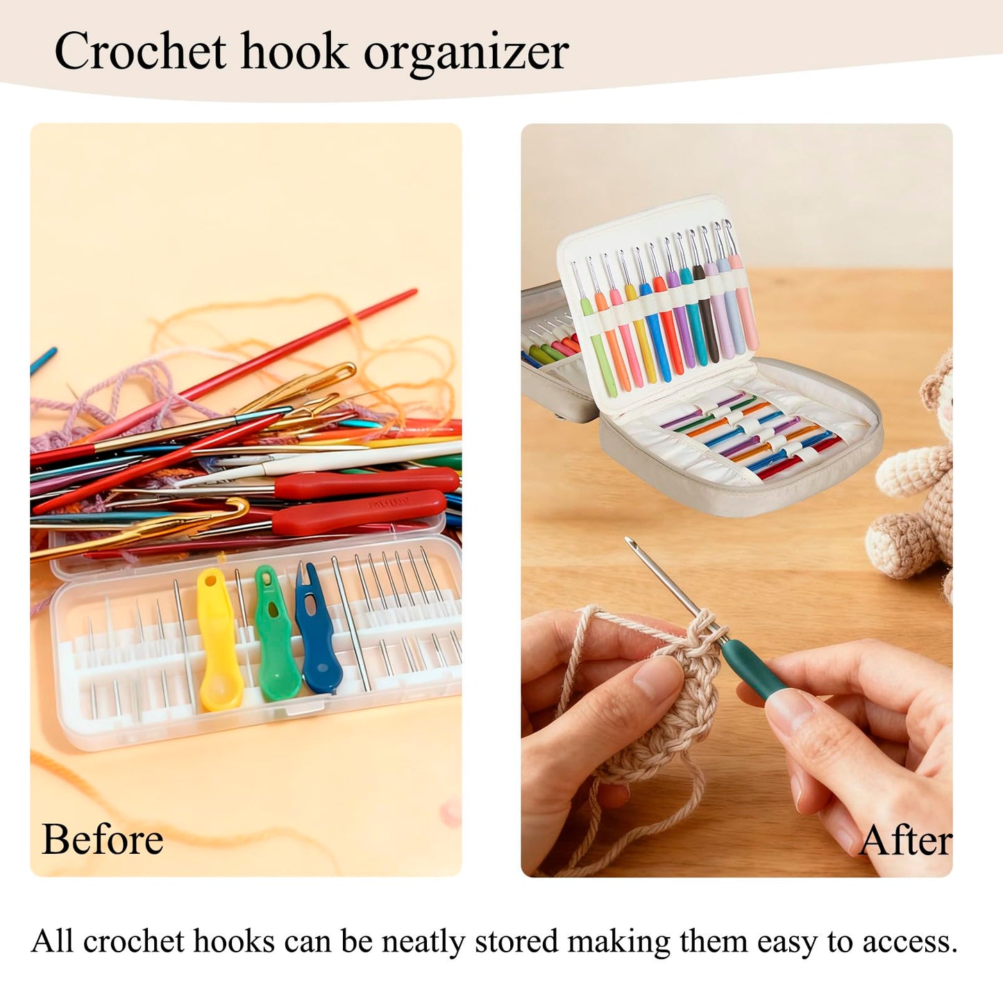 Crochet Hook Case, Lightweight Crochet Hook Organizer with Clear Zipper Pockets, Crochet Hook Holder for Knitting Needle Storage, Gift for Women and Crochet Enthusiasts (Light Brown)