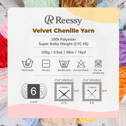 Reessy Velvet Chenille Yarn Pack – 6 Skeins × 100g Super Bulky (CYC #6) – Soft Velvet Chunky for Crocheting & Knitting, Fluffy Chenille Yarn for Blankets, Scarves & Crafts (White)
