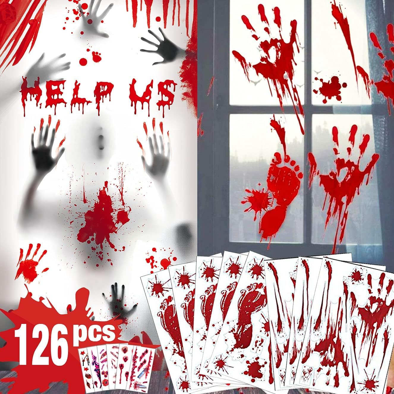 PMU Halloween Decorations 126 PCS (8 Sheets) Halloween Window Clings, Handprint Footprint Halloween Wall Decal Floor Clings Scary Halloween Decoration Window Stickers