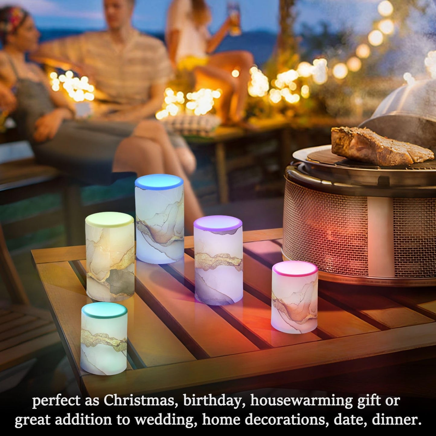 famyily Marble White Brown Flameless Pillar Candle Flameless Candle Lantern with Color Changing for Centerpiece 4" 5" Set of 2