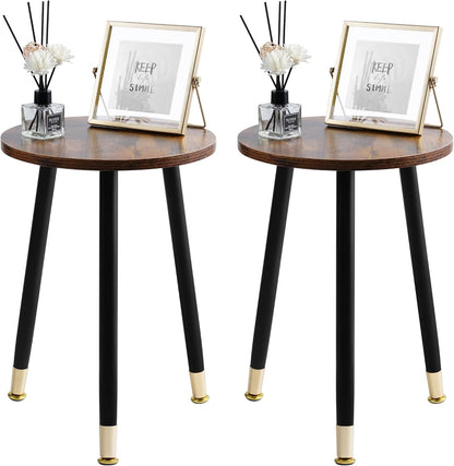16 Inch 2pcs Round Wood Walut End Table, Small Stable Side Table for Nightstand Living Room Bedroom Sofa Couch Corner