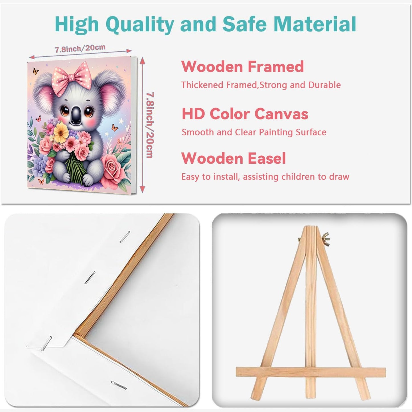 4 Pack Paint by Numbers Kit for Kids with Frame - Wooden Easel, Animal Paint by Numbers for Kids Ages 4 8 12, Easy Horse Cat Hedgehog Koala Acrylic Oil Painting Kits for Home Wall Decoration 8x8 inch