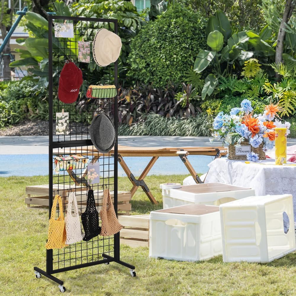 OUDUCK 1.8' x 5.7' Grid Wall Panels Standing Wire Grid, Display Rack with T-Base Wheels Freestanding Gridwall Panel Tower for Shows, Black