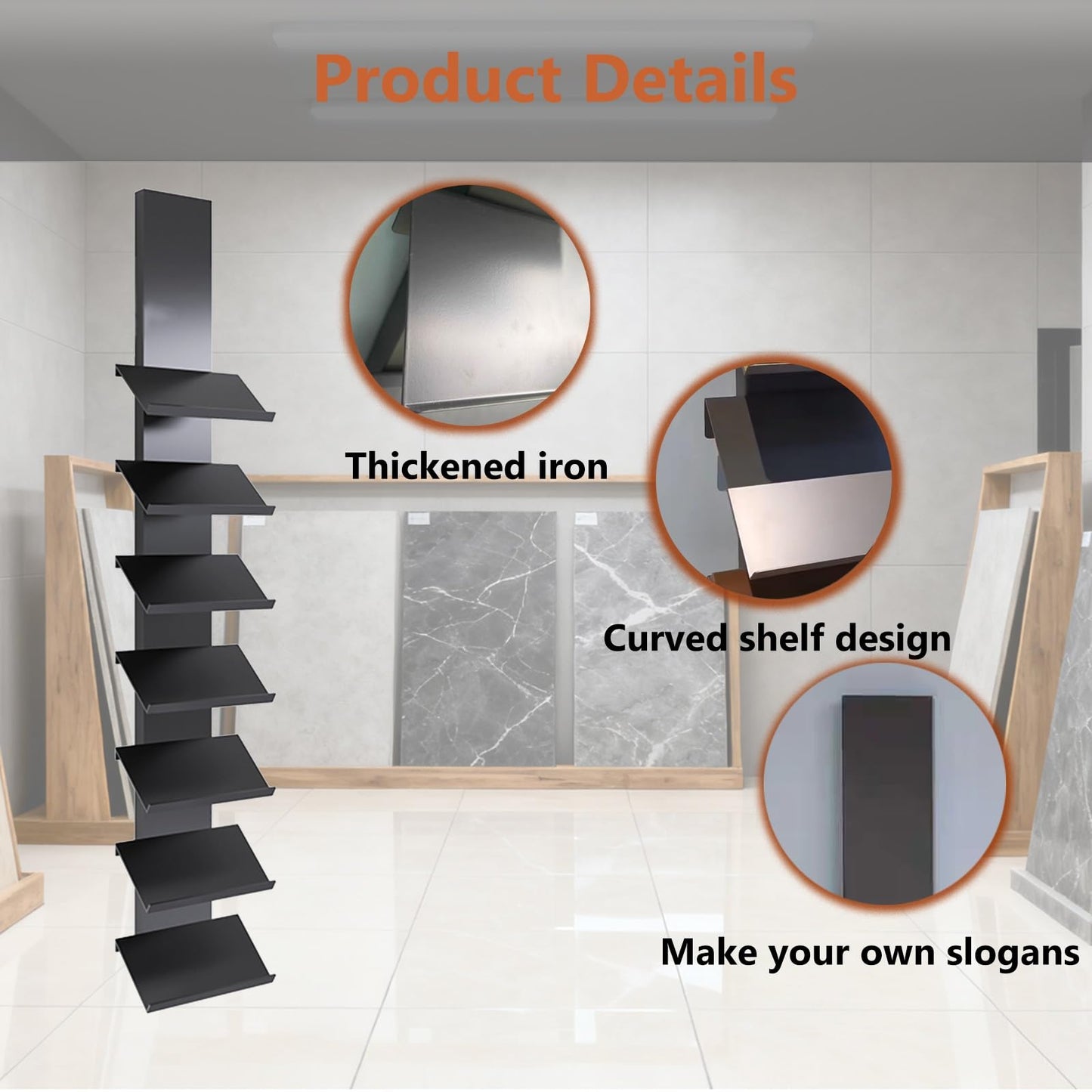 Heavy-Duty Wall Mount Tile Display Rack for Marble & Stone Samples, 7-Shelf Wooden Plate Holder, Glass Sample Storage Stand for Retail Stores (40x30x170cm)
